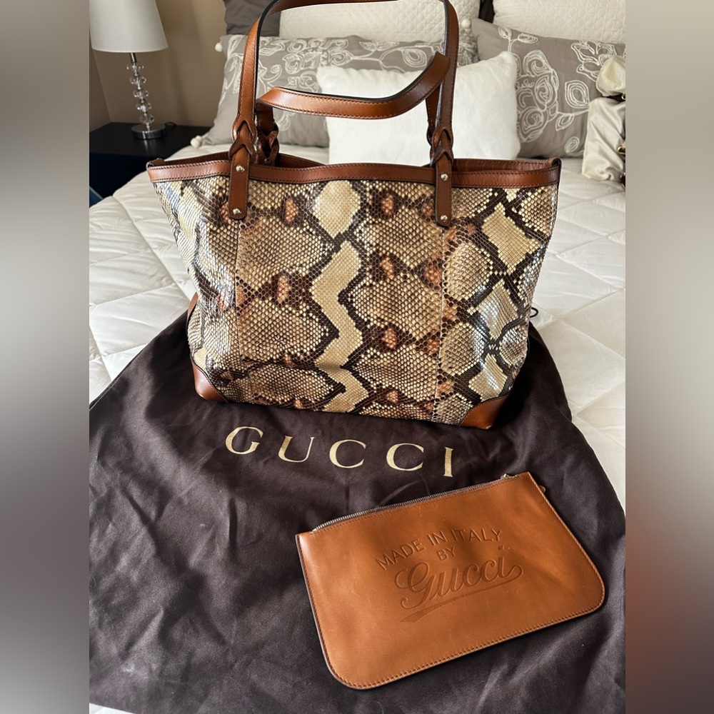 GUCCI PYTHON MEDIUM CRAFT TOTE with MATCHING REMOVABLE LEATHER POUCH.